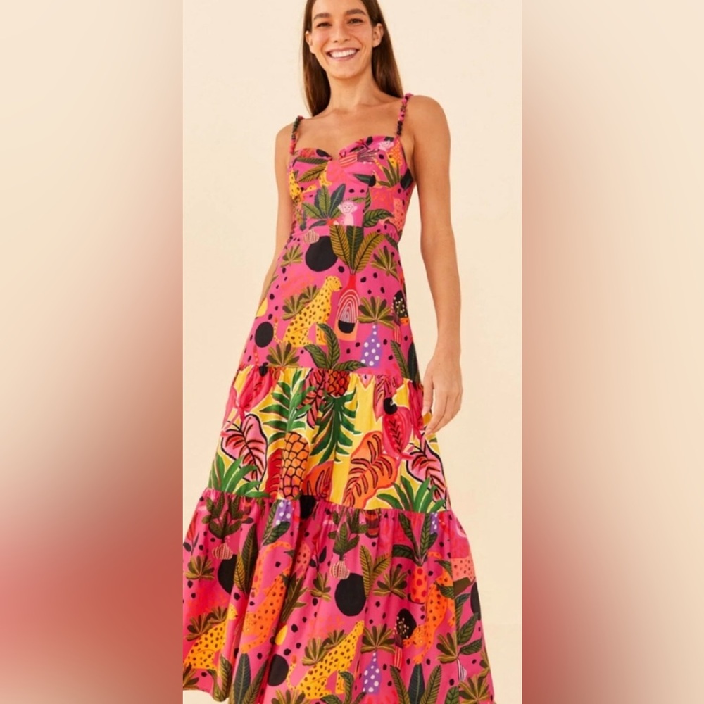 Farm Rio Tropical Print Maxi Dress, Bead Straps, Ruffle Hem, Size S - Picture 3 of 6